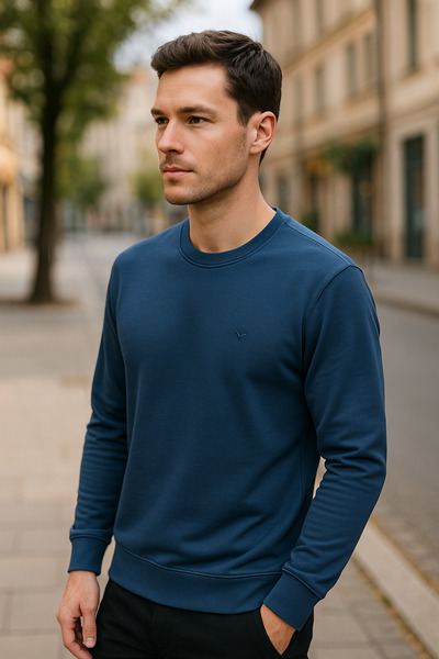 Maccali Pulover albastru cu mânecă lungă pentru bărbați guler rotund Trend