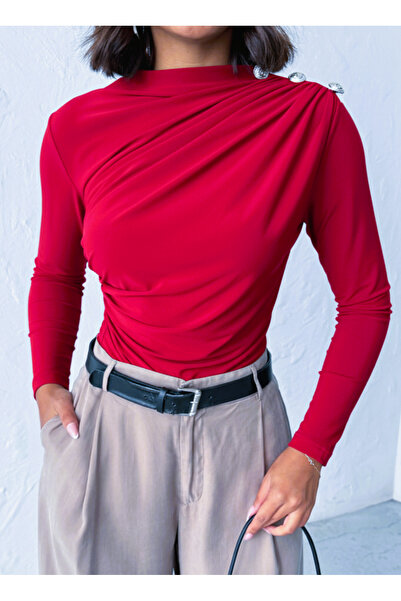 peralist Women's Red Boat Neck Shoulder Buttoned Gathered Long Sleeve Sandy Fabric Blouse