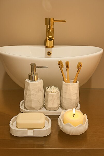 Elizovi Set de baie de lux din 6 piese cu textura de marmură |   Suport pentr...