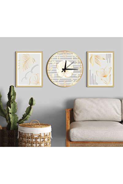 M&H Quality Lüks Gri & Altın Çizgisel Botanik 3'lü Duvar Dekoru Seti (2 Tablo...