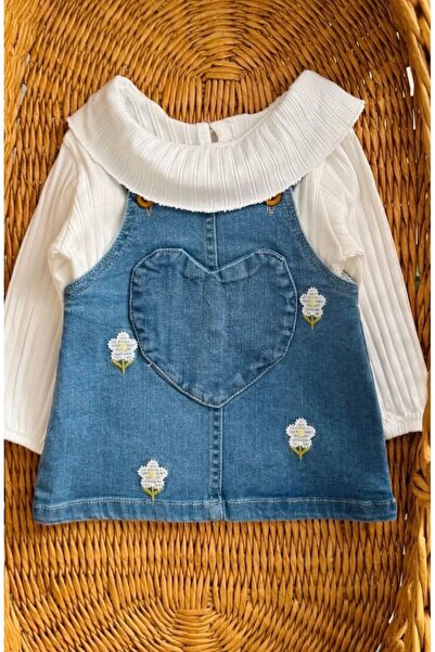 dolaş kids Girl's Flower Embroidered Baby Denim Salopet with Belt