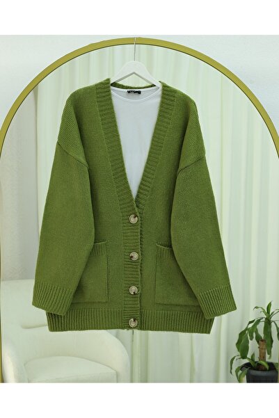 Modamorfo Buttoned Double Pocket Casual Knit Cardigan -F.Green