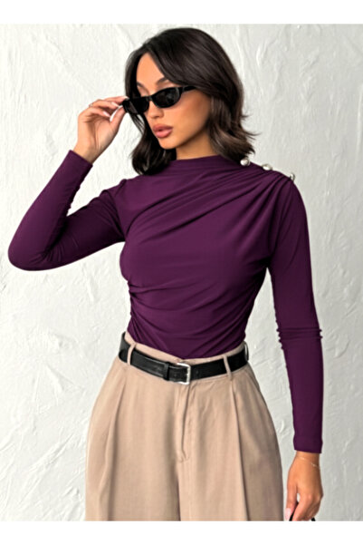 peralist Women's Purple Boat Neck Shoulder Buttoned Gathered Long Sleeve Sandy Fabric Blouse
