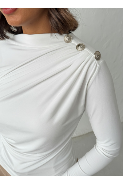 peralist Women's Ecru Boat Neck Buttoned Shoulder Gathered Long Sleeve Sandy Fabric Blouse