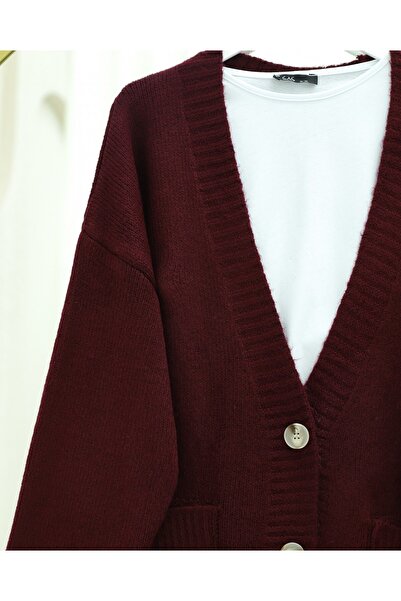 Modamorfo Buttoned Double Pocket Casual Knit Cardigan - Burgundy