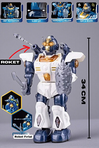 TRENDZONE Pilli Işıklı ve Müzikli Disk Atan Roket Atan Hareketli Savaşçı Robo...