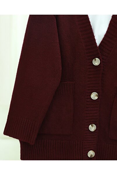 Modamorfo Buttoned Double Pocket Casual Knit Cardigan - Burgundy