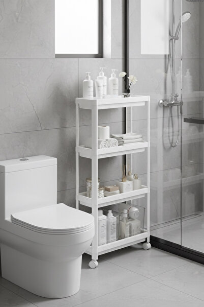 Hesaplı Kasa 4 Katlı Tekerlekli Çok Amaçlı Slim Raf Düzenleyici, Mutfak Rafı, Banyo Rafı