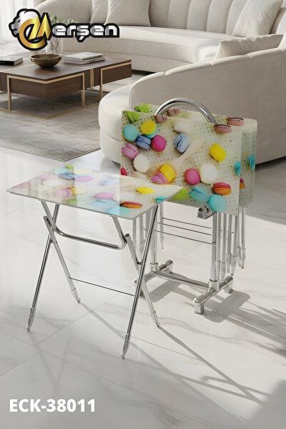 Erşen Sehpa Eranş Serisi 4'lü Katlanır CAM Beyaz Gri Desen Çanta Zigon Sehpa ...