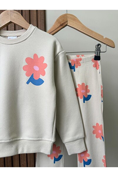 Magu Girl's Cotton Ecru Floral Printed Sweatshirt and Sweatpants Set