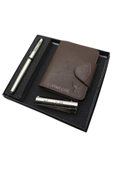 Signator D254 Kişiye Özel Set - Deri Cüzdan Kartlık + Clipper Çakmak + Scriks...