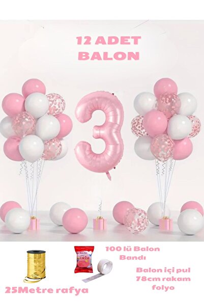 BALON DİYARI 3 yaş Pembe Doğum Günü Balon Seti 78cm balon bandı rafyası dahil