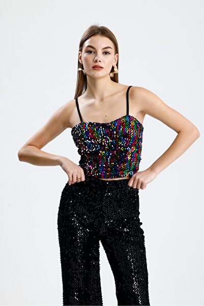 Sense Zippered Sequined Velvet Bustier | Bus34034 Black Rainbow
