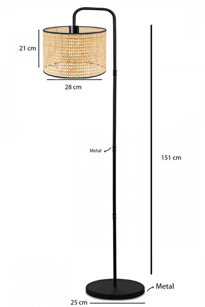 METEDEKOR Rattan Hasır Başlıklı Metal Gövdeli Modern Lambader – Salon & Köşe Aydınlatma
