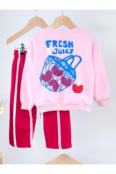 Magu Girl's Cotton Pink Printed Sweatshirt & Red Sweatpants Set – Striped Detail