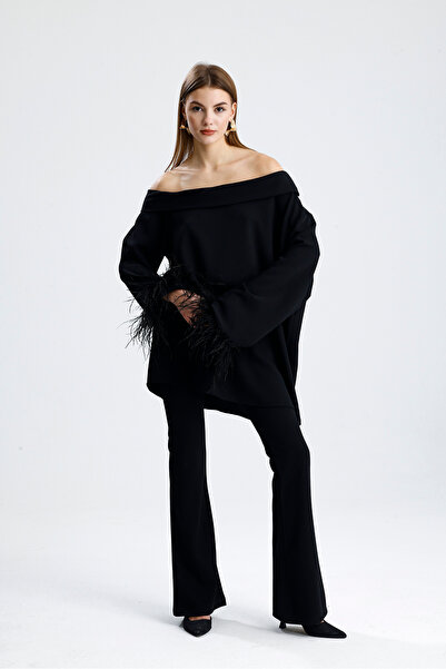Sense Feather Detailed Off-The-Shoulder Black Blouse – Stylish and Modern Women's Top Wear |   Blz36447 Black