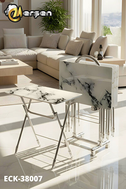 Erşen Sehpa Eranş Serisi 4'lü Katlanır CAM Beyaz Mermer Desen Siyah Detay Çanta Zigon Sehpa Krom Ayak