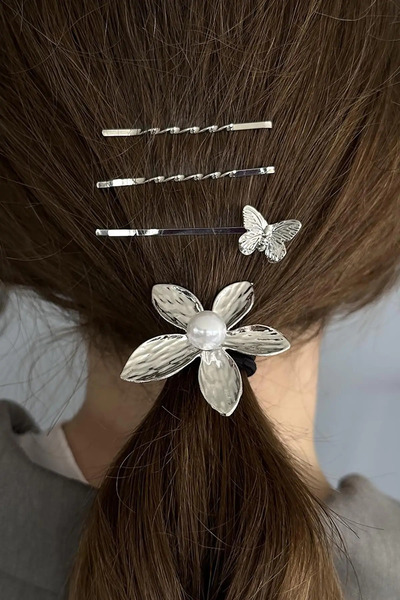 Kokoş Silver Color Flower Figured Rubber Buckle and Wire Buckle Set