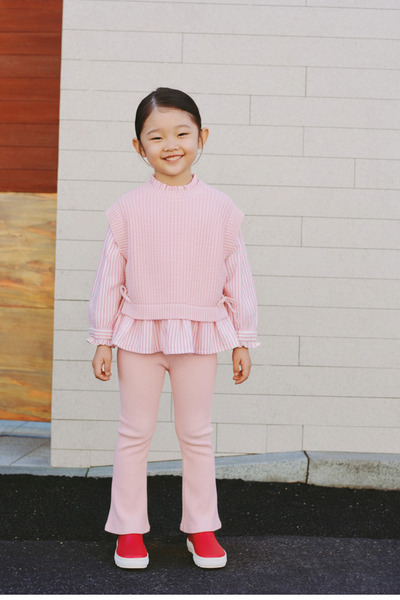 Magu Girl's Cotton Pink Knitwear Three-Piece Set – Striped Ruffle Detail