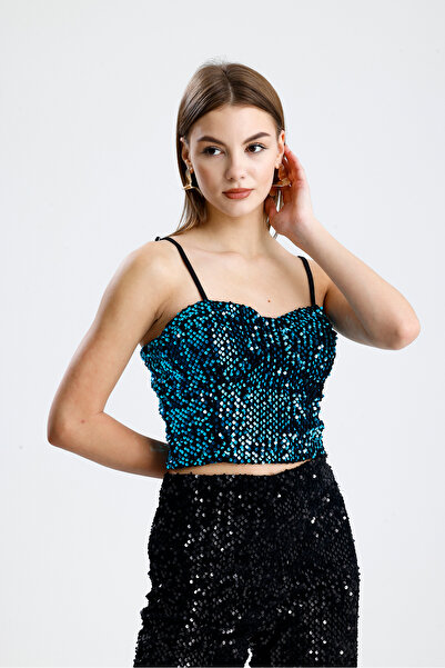 Sense Zippered Sequined Velvet Bustier | Bus34034 Black-Turquoise