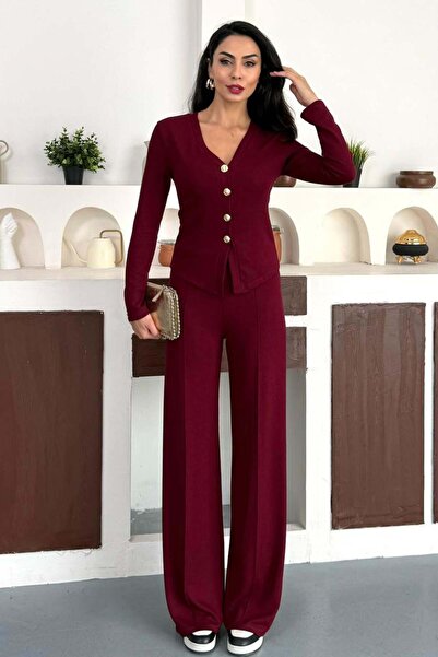 ZISHAN Set dublu texturat material reiat pentru femei – Top cu decolteu în V cu nasturi și pantaloni cu picioare largi – 4 culori 10145