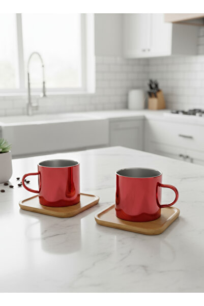 Dia Set of 2 Colorful Borosilicate Glass Turkish Coffee Cups and Bamboo Presentation Coasters