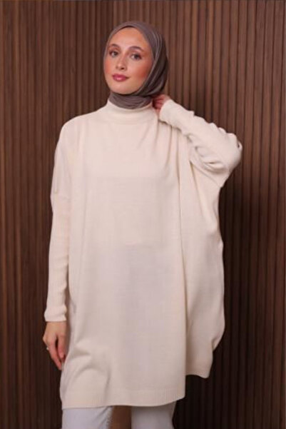 Mogi Butik Women's Mock Neck Basic 80cm Loose Oversized Knitwear Tunic 3132