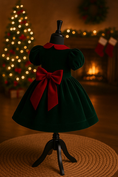 İkrabutikbursa Girls' Green Velvet Christmas Dress, New Year's Dress