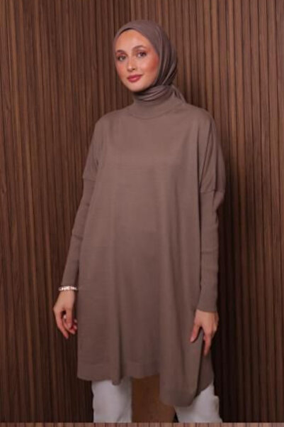 Mogi Butik Women's Mock Neck Basic 80cm Loose Oversized Knitwear Tunic 3132