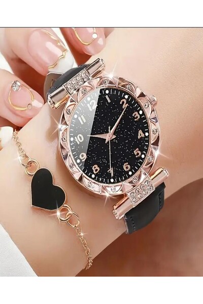 KANERUZ Set of 2 Glitter Dial Quartz Wrist Watch and Heart Shape Bracelet