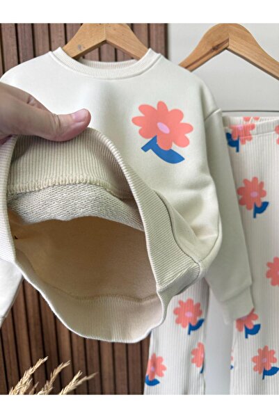 Magu Girl's Cotton Ecru Floral Printed Sweatshirt and Sweatpants Set