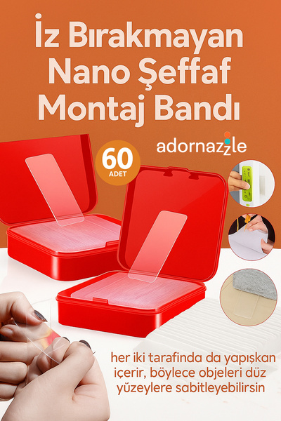 adornazzle İz Bırakmayan Nano Şeffaf Montaj Bandı, Nano Çift Taraflı Bant Seti, Tekrar Kullanılabilir 60 Parça