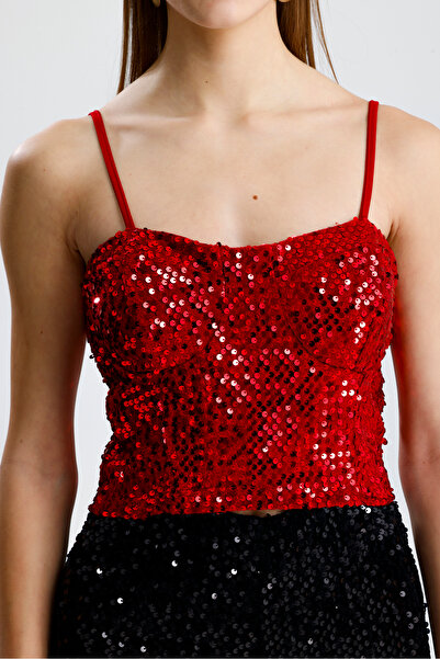 Sense Zippered Sequined Velvet Bustier | Bus34034 Red