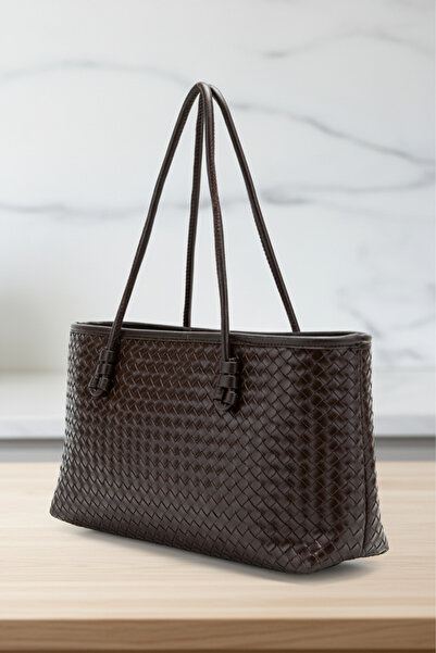 Biçanta Brown Knitted Leather Zippered Compartment Large Size Soft Women's Shoulder Bag