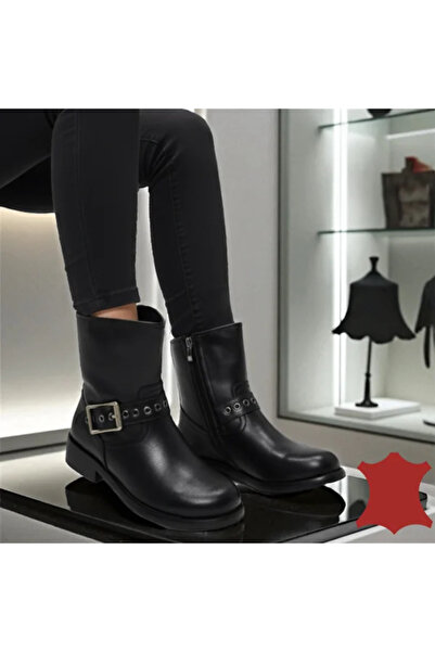 kevali Short black leather boots with decorative side buckle SPN5009