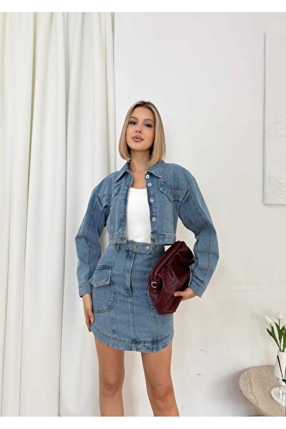 Azra Moda Style Denim Skirt Jacket Pocketed Set Women