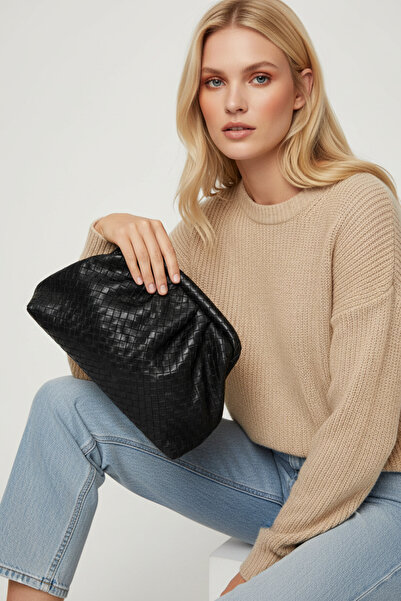 Biçanta Black Color Knitted Leather Scholarship Crossbody Bag with Compartments Large Size Soft Women's Shoulder Bag