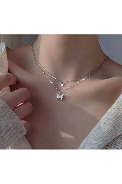 sleyshop Y2K Double Zircon Stone Butterfly Necklace Pinterest Gift Necklace