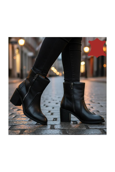 kevali Elegant black leather ankle boots with chunky heel SPN-5001
