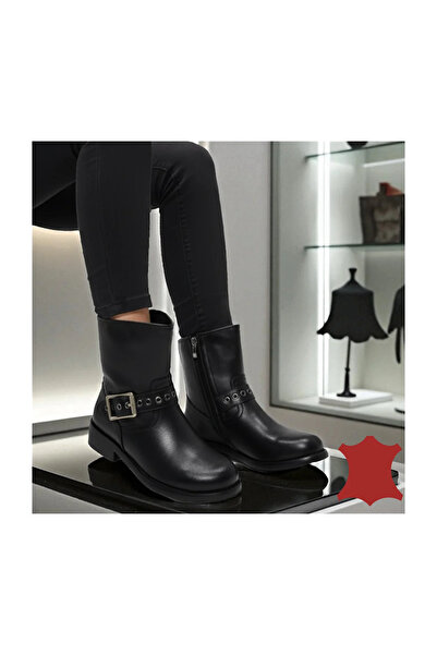 kevali Short black leather boots with decorative side buckle SPN5009