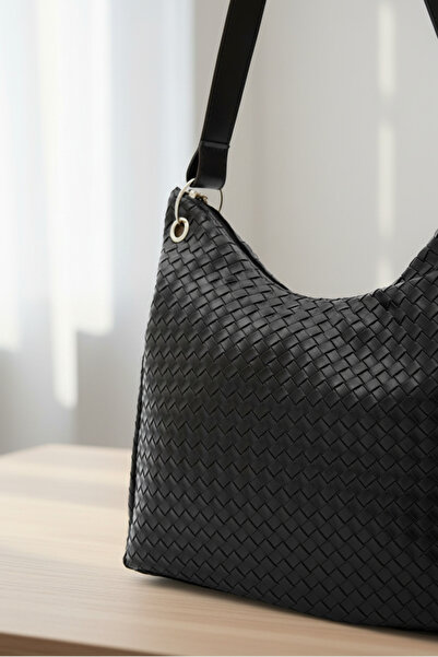 Biçanta Black Color Knitted Leather Zippered Shoulder Bag with Strap and Compartment Large Size Soft Women's Shoulder Bag