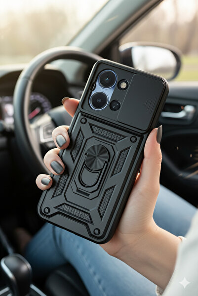 Hatreds Xiaomi Redmi 15C Kılıf Sürgülü Lens Korumalı Yüzüklü Stand Olabilen T...