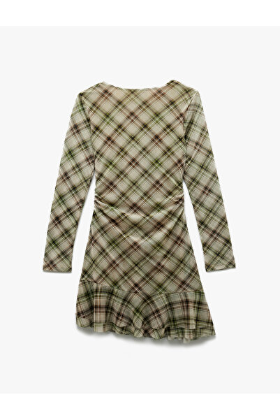 Koton Long Sleeve Crew Neck Drape Detail Mini Plaid Dress