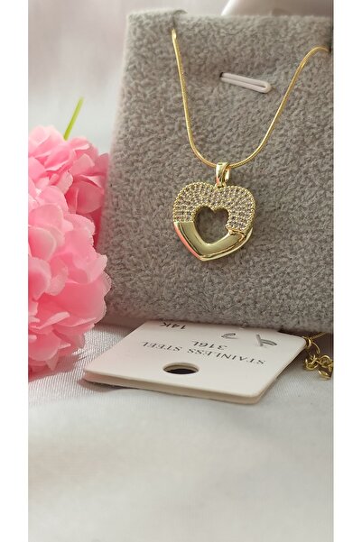 DİAVENTA TAKI VE AKSESUAR 316L Steel Asymmetric Heart Inlaid Stone Model Neck...