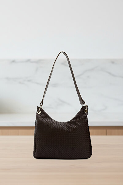 Biçanta Brown Knitted Leather Zippered Shoulder Bag with Strap and Compartment Large Size Soft Women's Shoulder Bag