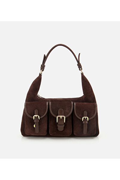 Hotiç Kadın Süet Deri Kahverengi Cepli Tokalı Omuz Çantası