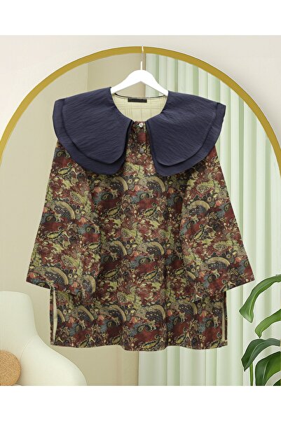 Modamorfo Apron Collar Half Buttoned Slit Quilted Tunic -Khaki