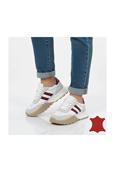 kevali Women's white leather sneakers with burgundy accents, laces - SPJY6590