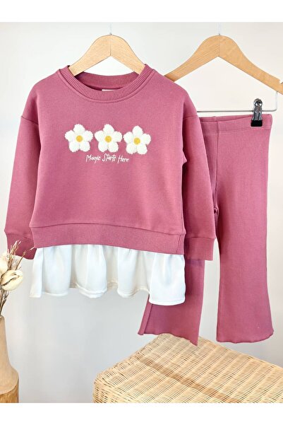Pinkitokids Shirt Detailed Floral Embroidered Sweatshirt and Flared Sets