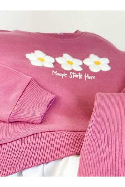 Pinkitokids Shirt Detailed Floral Embroidered Sweatshirt and Flared Sets